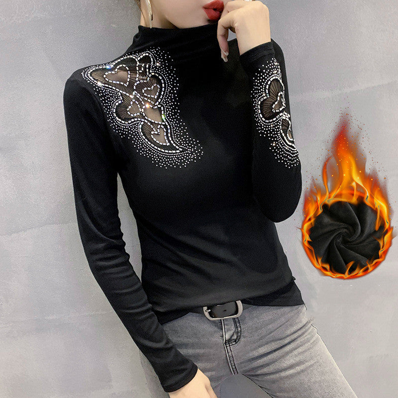 Women's Fleece Turtleneck Lace Hollowed Out Slim Fit Bottoming Shirt