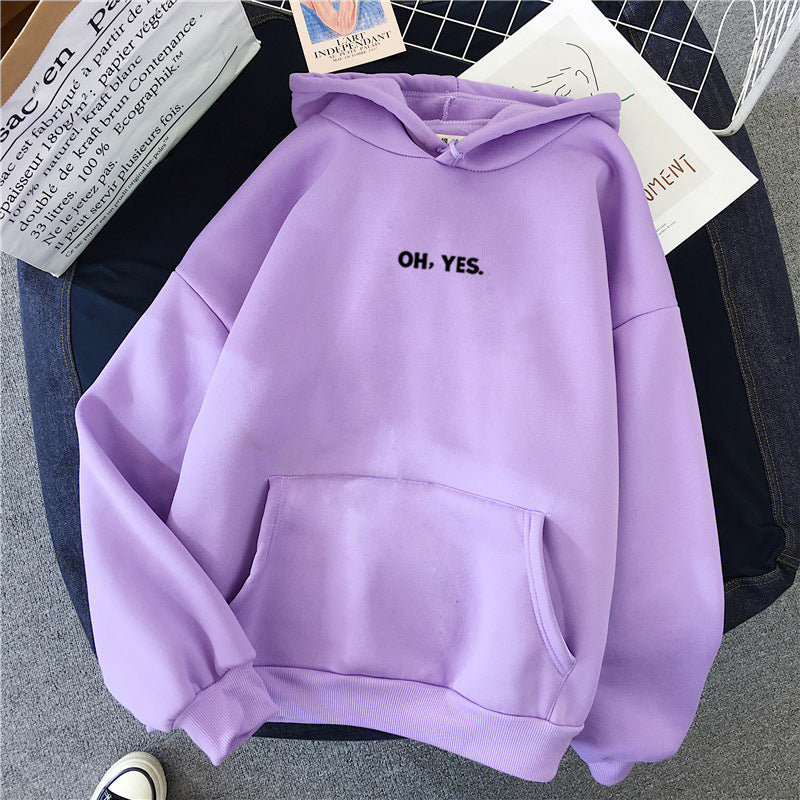 Women's Simple And Loose Oh Yes Printed Hooded Sweatshirt
