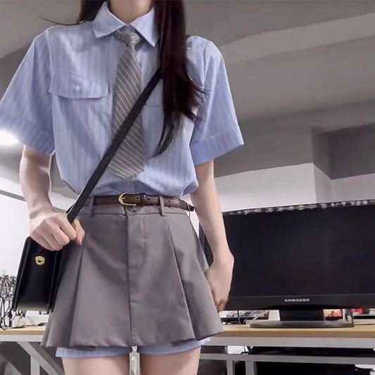 Girls Preppy-Style Striped Shirt And Skirt Set