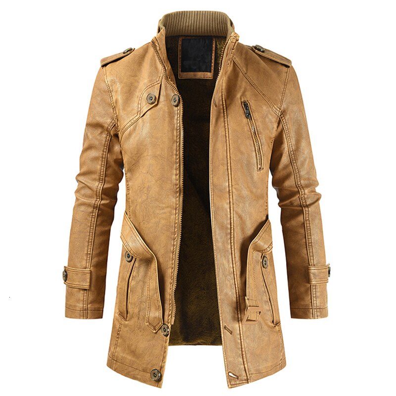 Trendy casual men's mid-length slim-fit cold-proof leather jacket