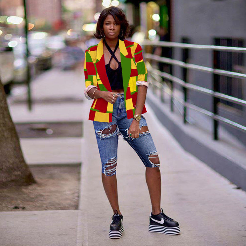Casual Women's Clothing Multi-color Blocks Plaid Blazer