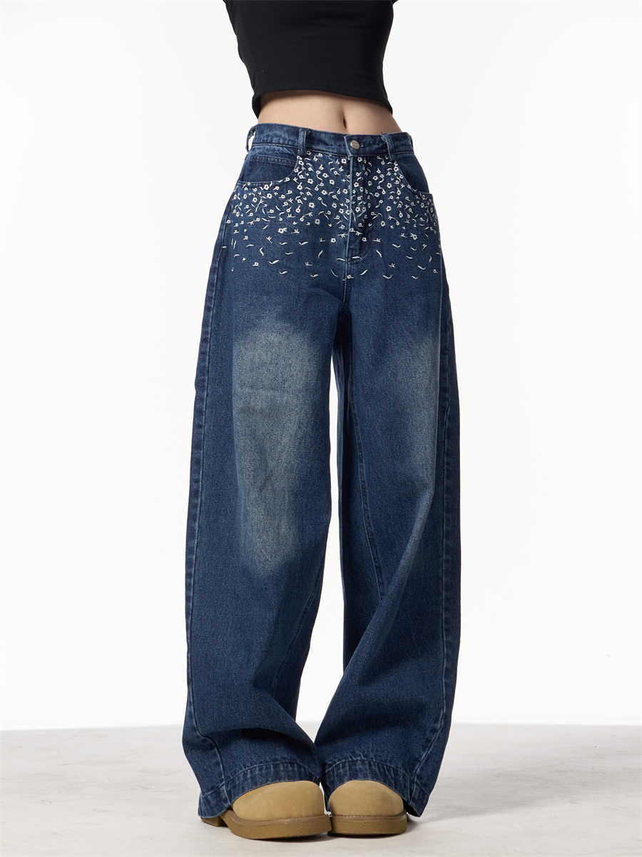 Vintage Floral Embroidered Straight Jeans Women Loose Casual Wide-leg Trousers