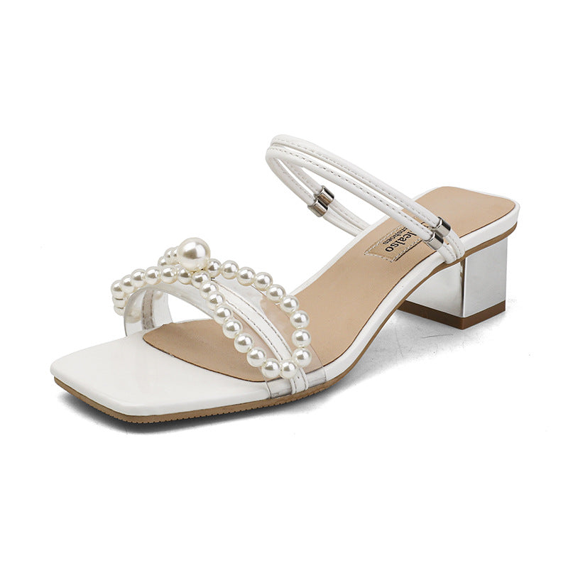 Women's New Bow Pearl Chunky Heel Sandals