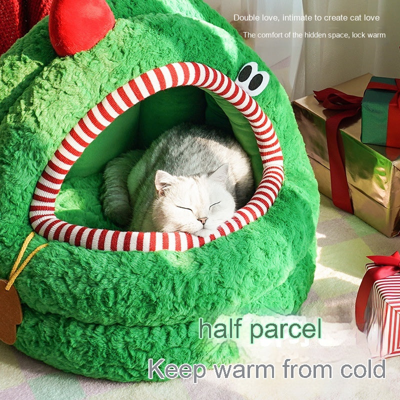 Christmas Green Furry Yurt Cat Nest Semi-closed And Removable Washing