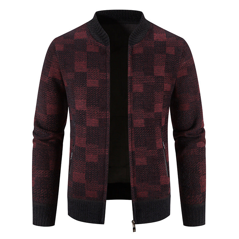 Men's Fleece-lined Thickened Baseball Collar Plaid Knitted Cardigan