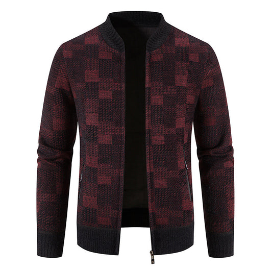 Men's Fleece-lined Thickened Baseball Collar Plaid Knitted Cardigan