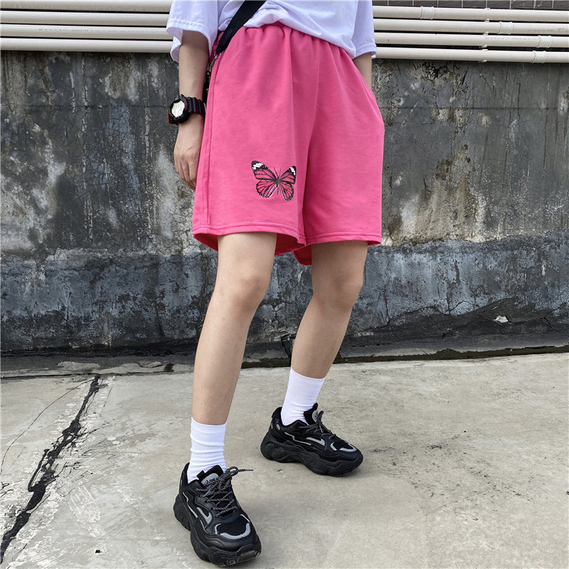 Rose red butterfly casual five-point track pants