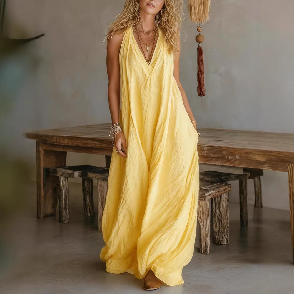 Casual Sleeveless Loose-fit Pocket Vest Maxi Dress