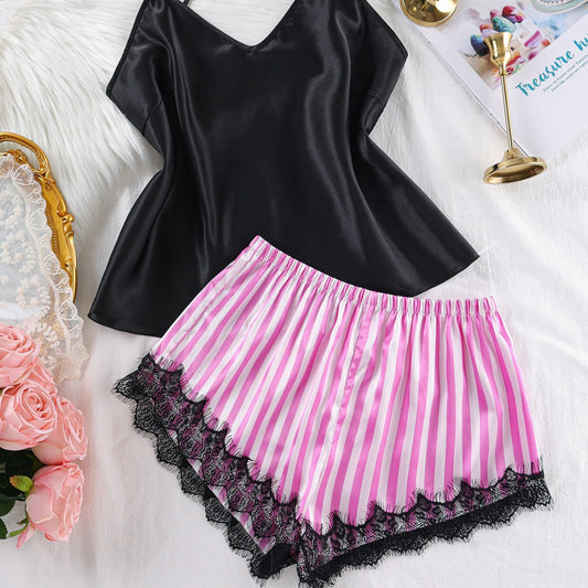 Womens Satin Pajamas Striped Cami Top And Shorts Lace Panel Design Set
