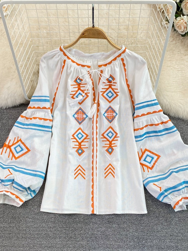 Embroidery Slimming Lantern Sleeve Doll Top
