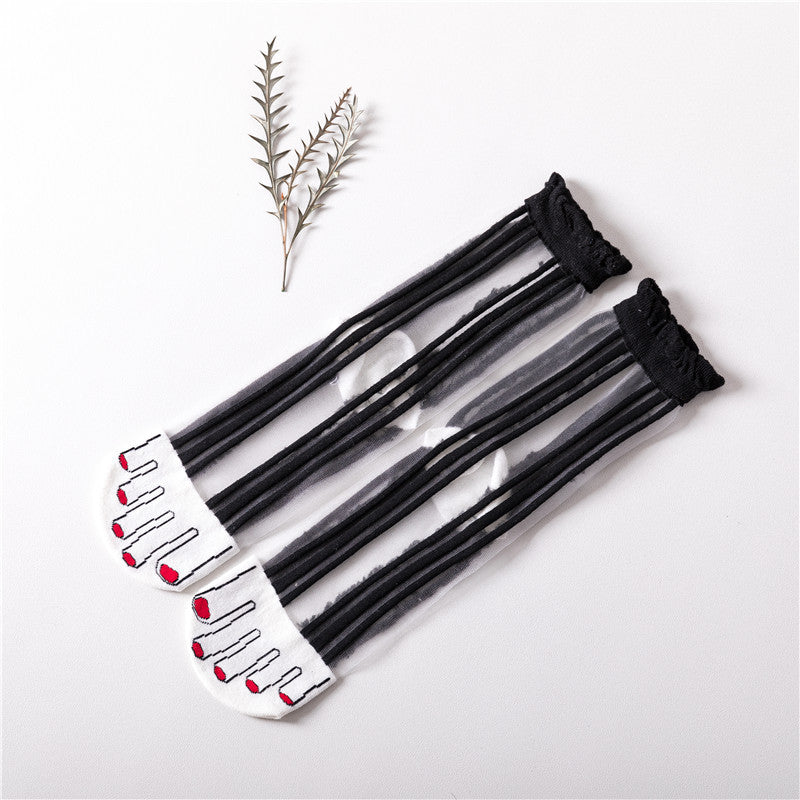 Women's tube socks false toe glass stockings