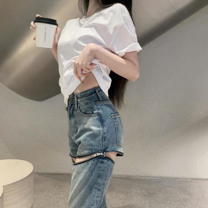 Women's Detachable Zipper Two-way Ripped Wide-legged Jeans