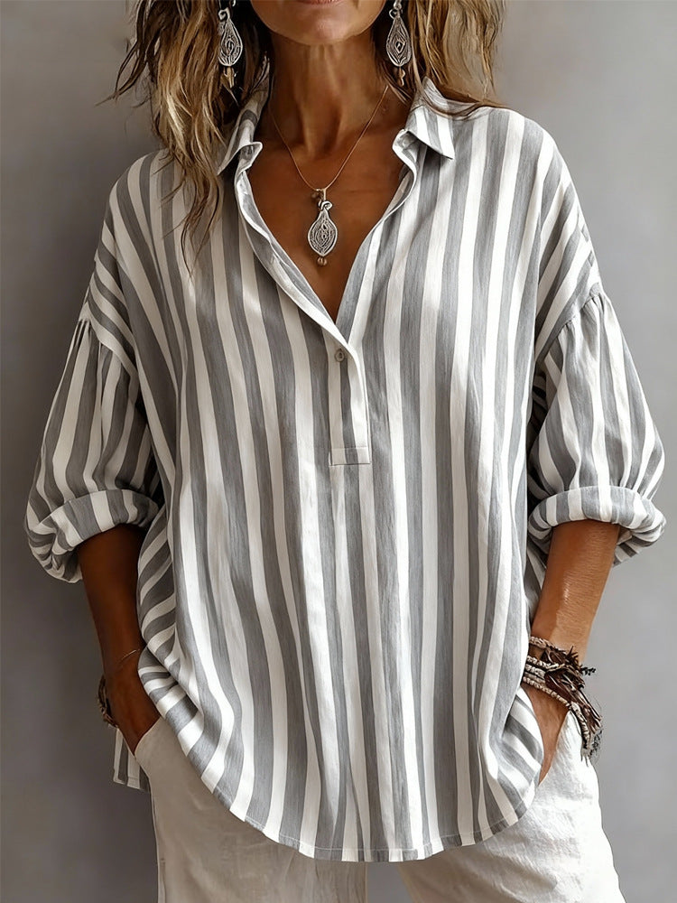 Womens Loose-fitting Striped Long-sleeve Pullover Shirt