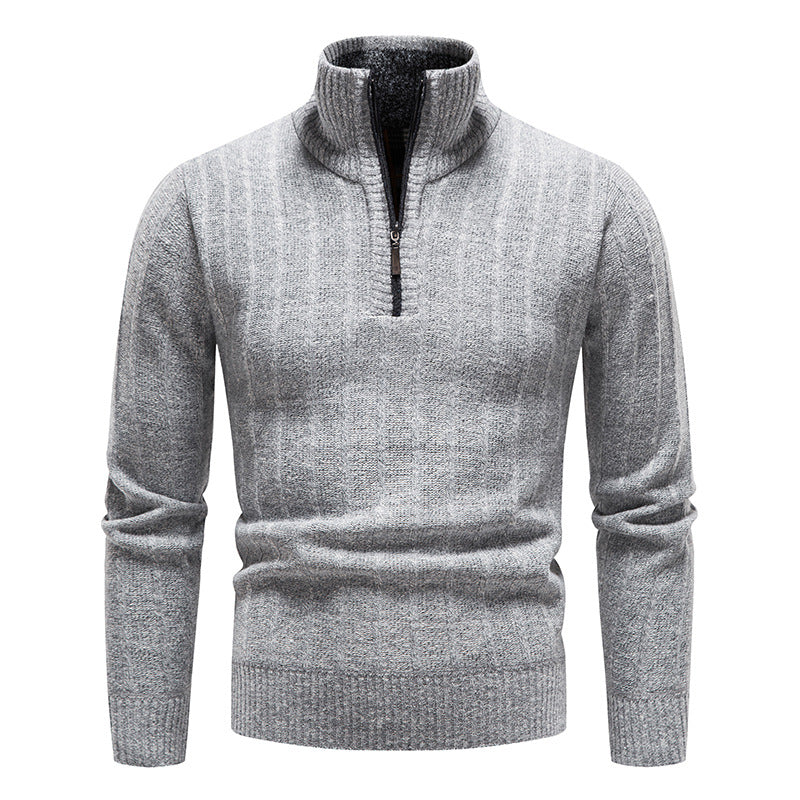 New Men's Stand Collar Pullover Sweater Striped Fleece
