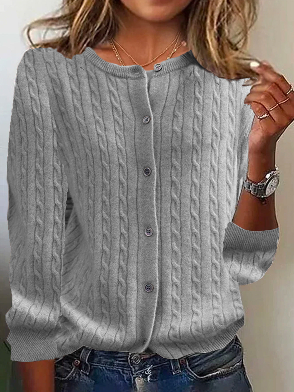 Womens Andi Fleece Crew-Neck Knitted Linen-Flower Cardigan Sweater