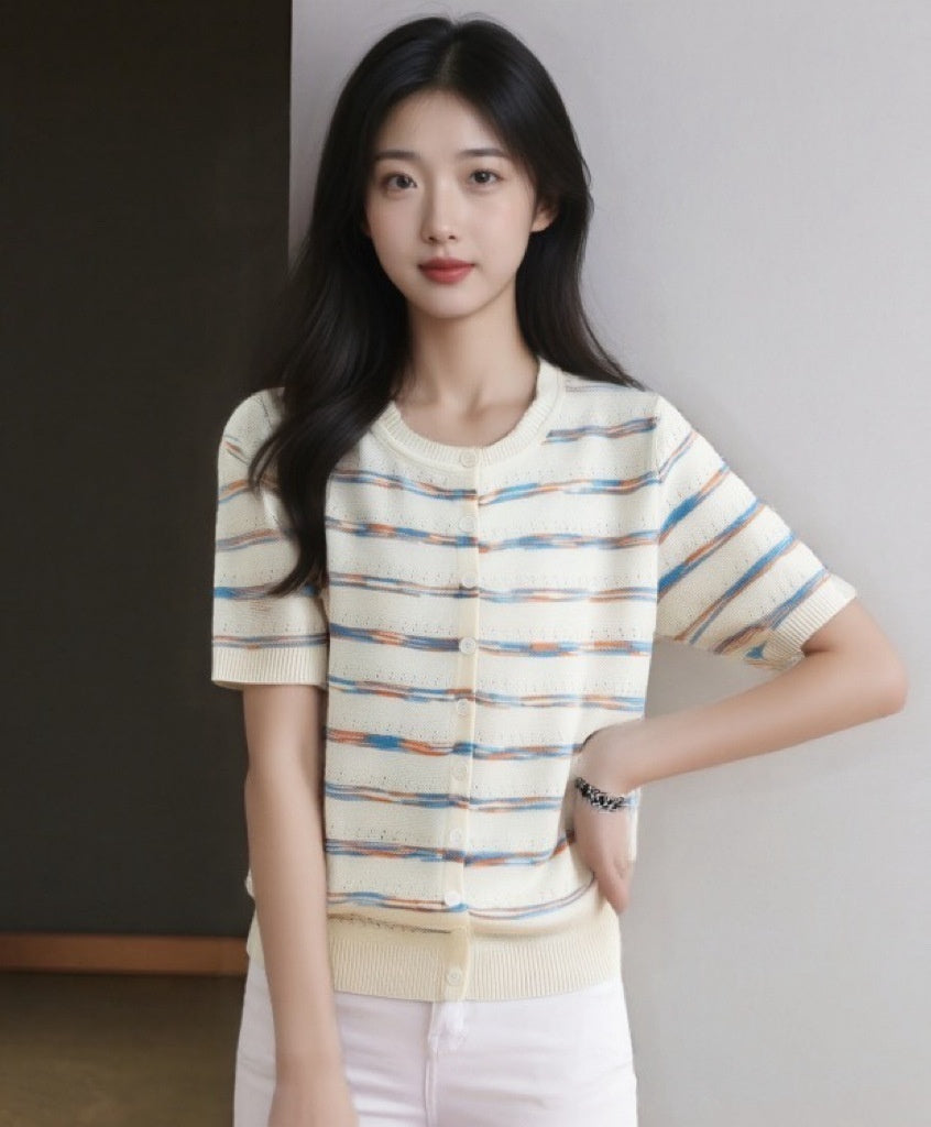 Womens French Chanel-style Striped Ice Silk Knit Top With Short Sleeves