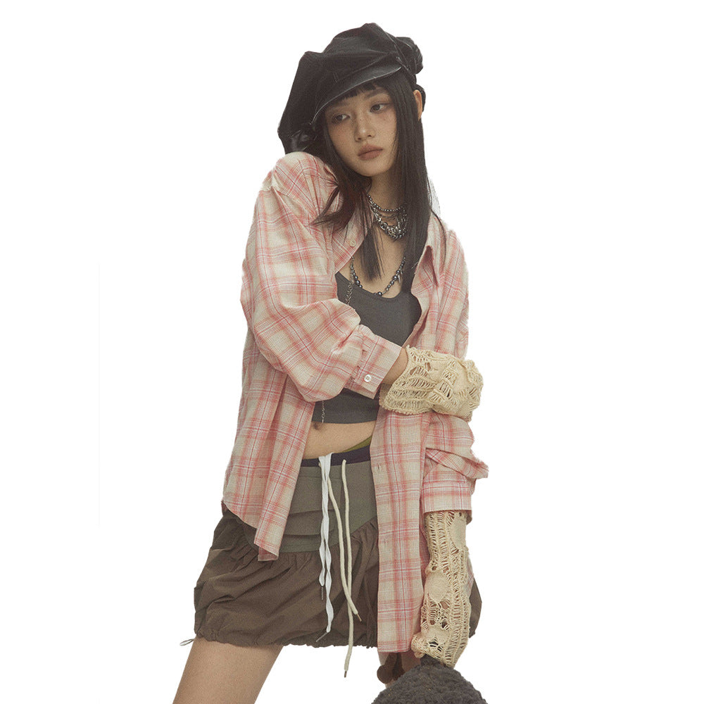 Irregular Pocket Personality Design Loose Plaid Shirt High Street Tide
