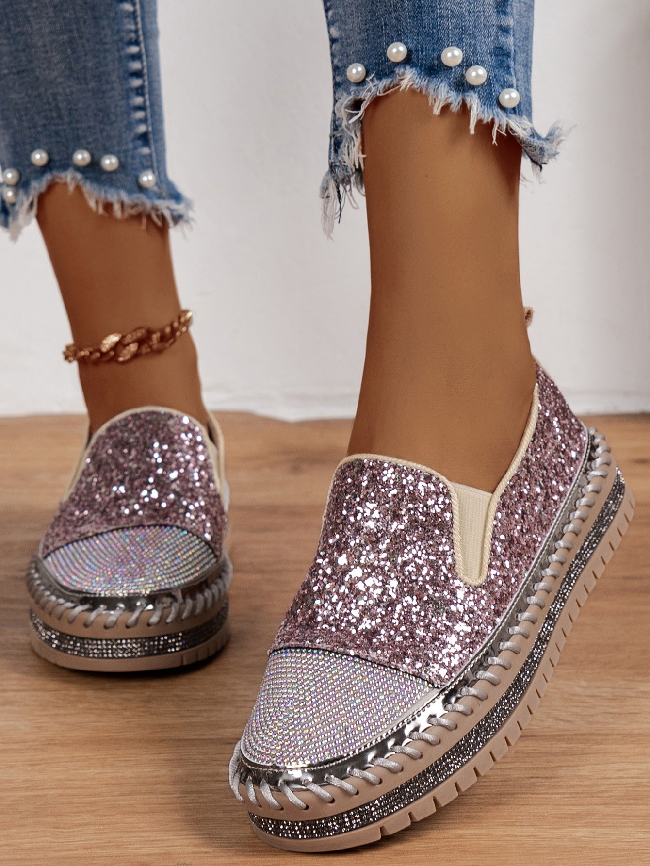 Thick Bottom Flat Loafers Rhinestone