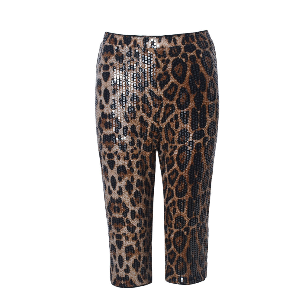 Sequined Leopard Print Elastic Waist Casual Shorts