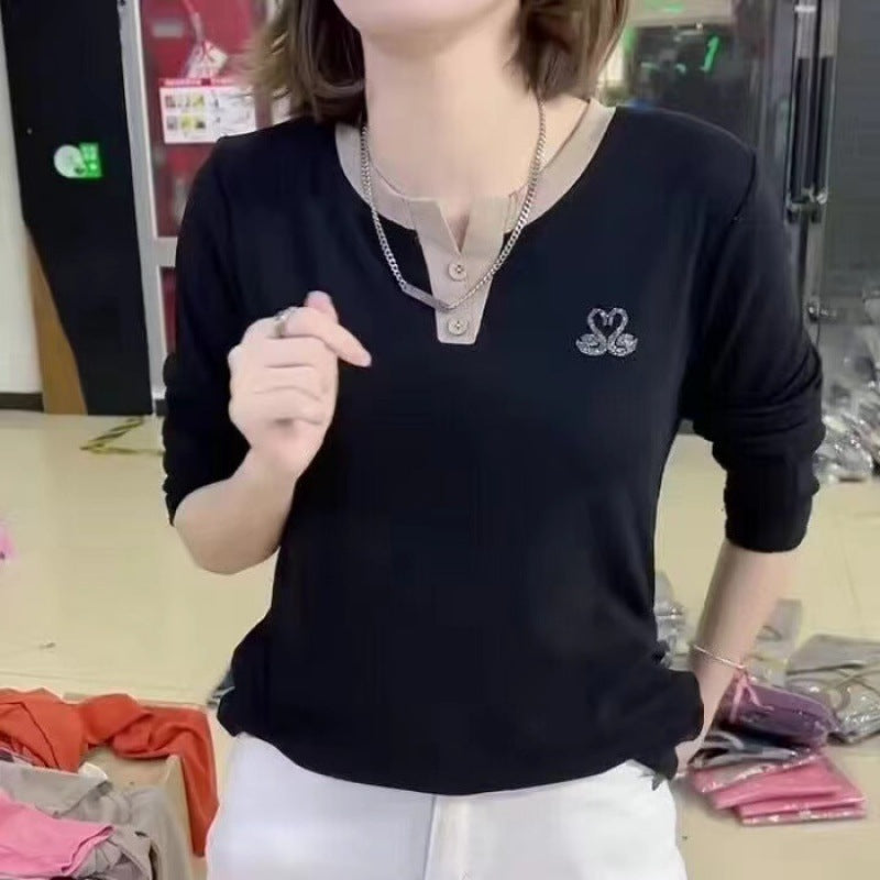 Women's Long-sleeved T-shirt V-neck Bottoming Shirt Hot Rhinestone Casual Top