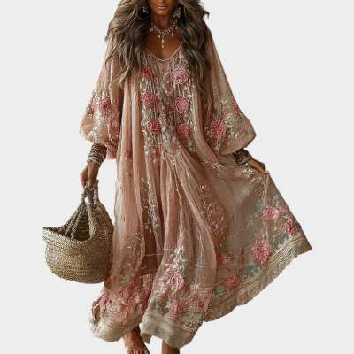 Vintage Elegant Long Dress With Floral And Botanical Print