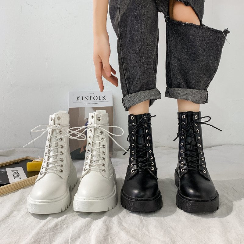 British Style Korean Retro Short Boots Flat Black Motorcycle i Boots