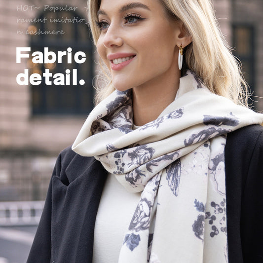 Cashmere-like Tassel Shawl Rose Print Cold-proof Warm Scarf