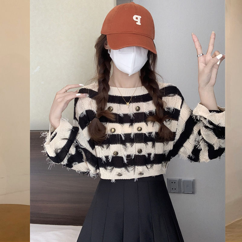 Striped French Tassel Design Sense Long Sleeve Short Top
