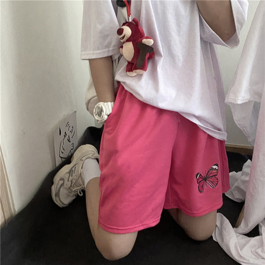 Rose red butterfly casual five-point track pants