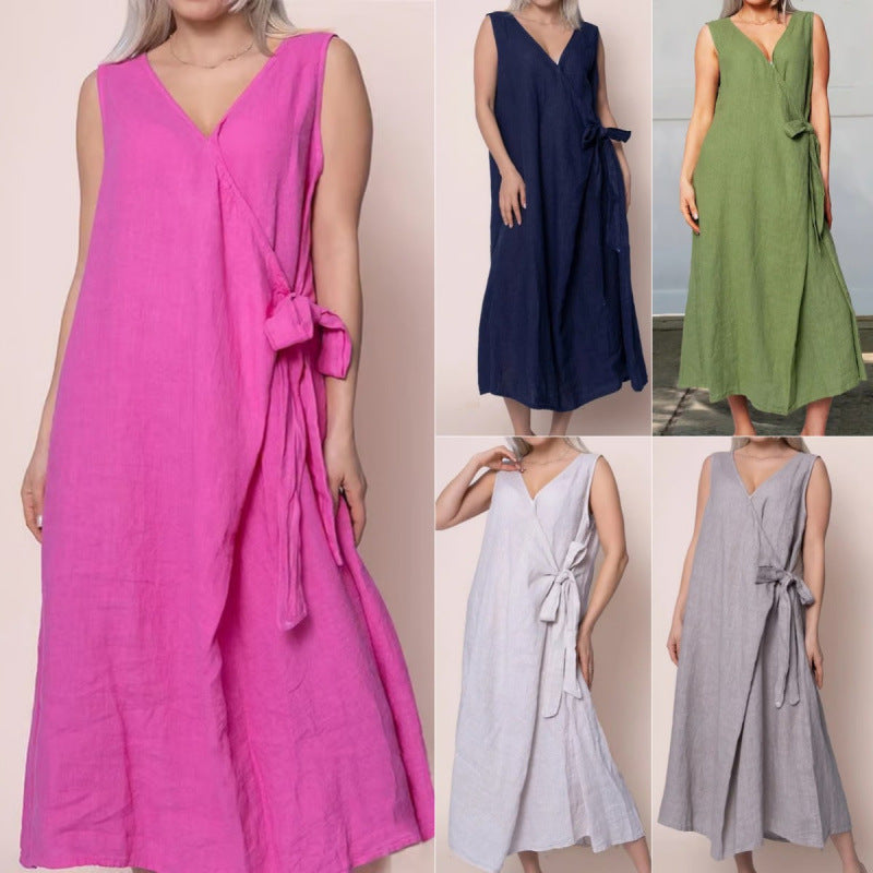 Womens Sleeveless Maxi Dress With V-Neck Side Ties
