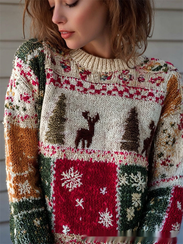 3D Digital-Print Womens Crew-Neck Loose Retro Jacquard Pullover Sweater