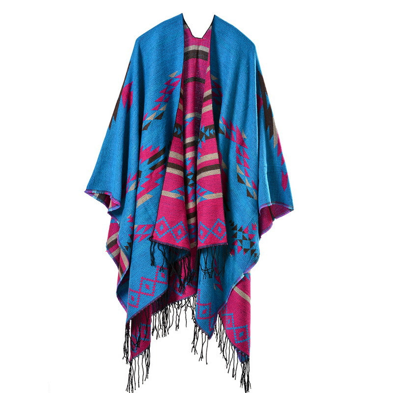 Geometric Diamond Tassel Shawl Cape