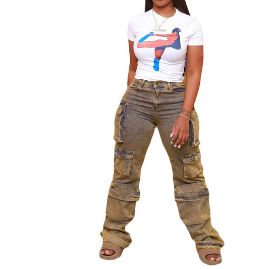 Workwear-stil distressed vasket denimjeans