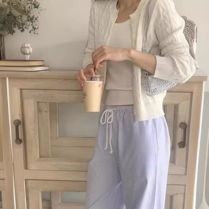 Women's Striped Solid Color Loose Casual Drawstring Straight-leg Pants