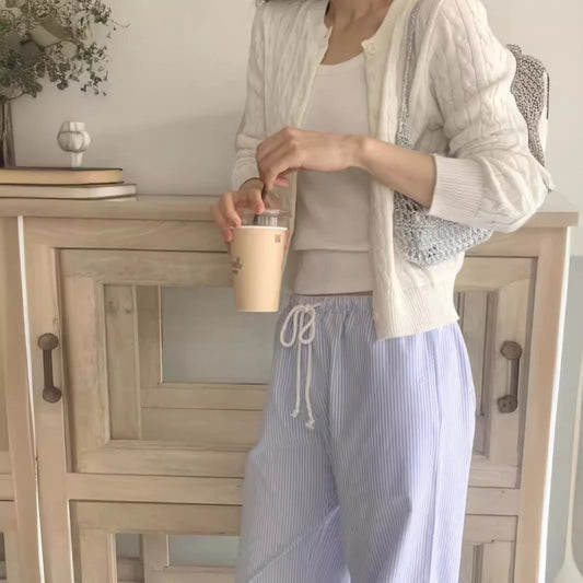 Women's Striped Solid Color Loose Casual Drawstring Straight-leg Pants