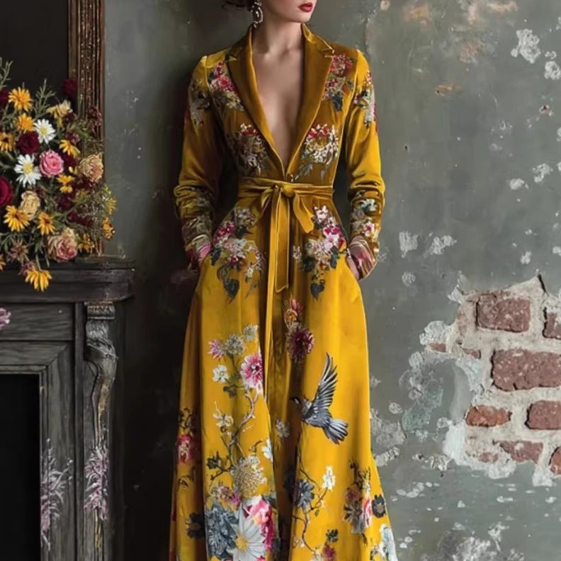V-neck Long-sleeve Floral Lace-up Maxi Dress