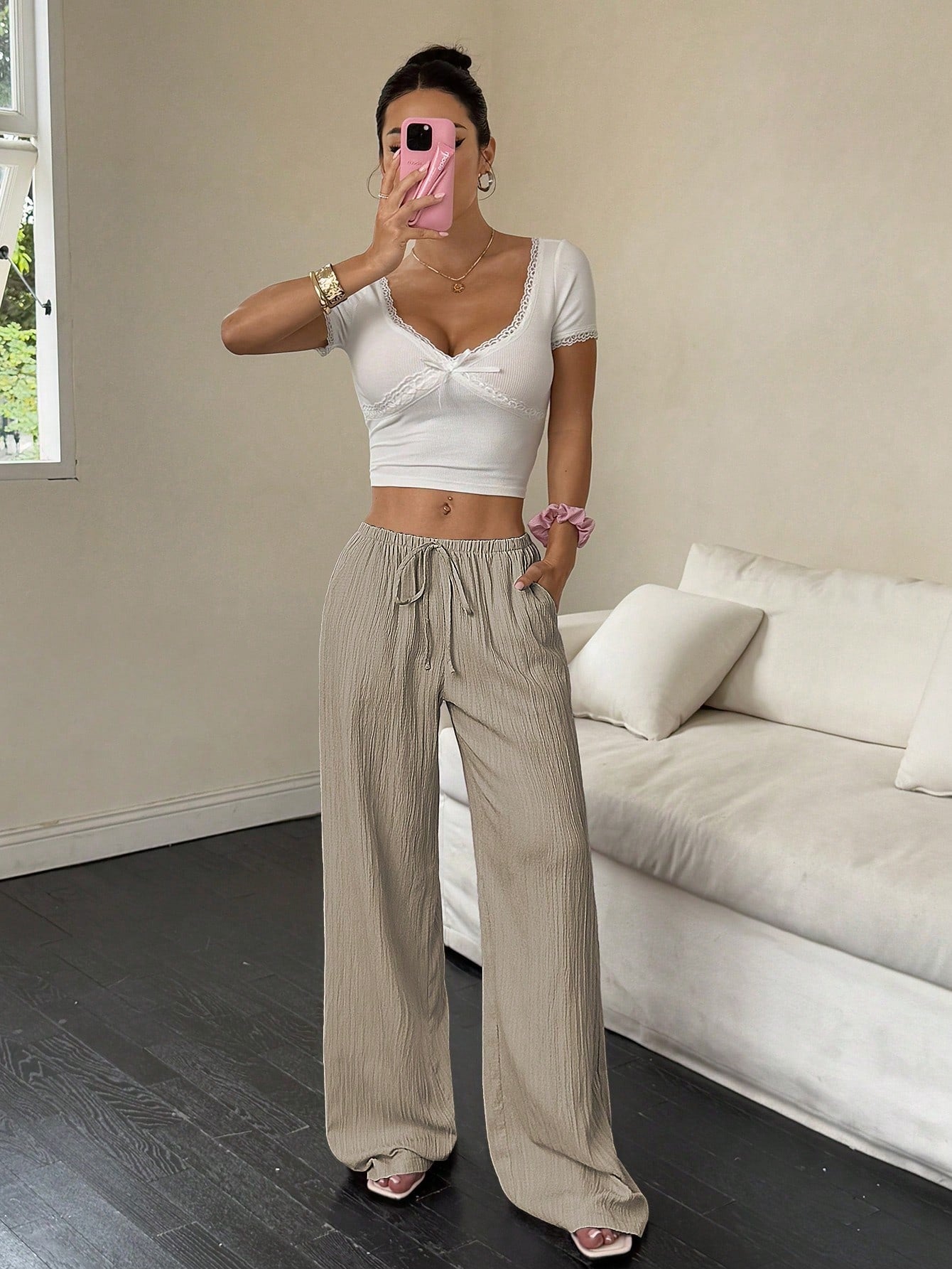 Flirla Women's Casual Versatile Solid Color Wide Leg Pants