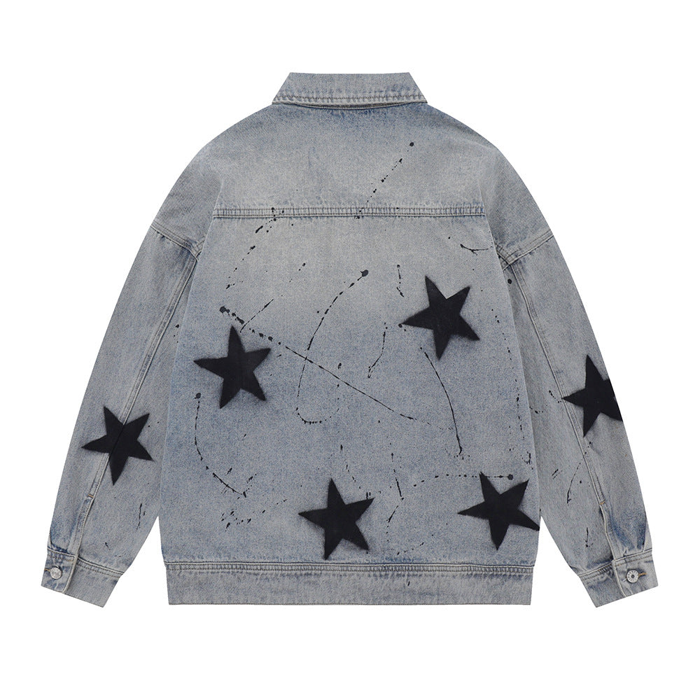 Five-pointed Star Splash Ink Patterned Denim Jacket