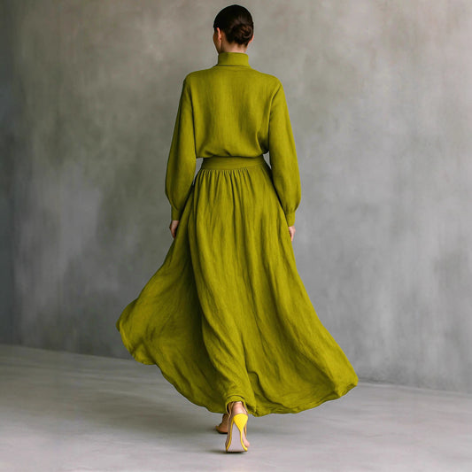 Womens Solid-Color Loose Top And Pocketed Long Skirt Set