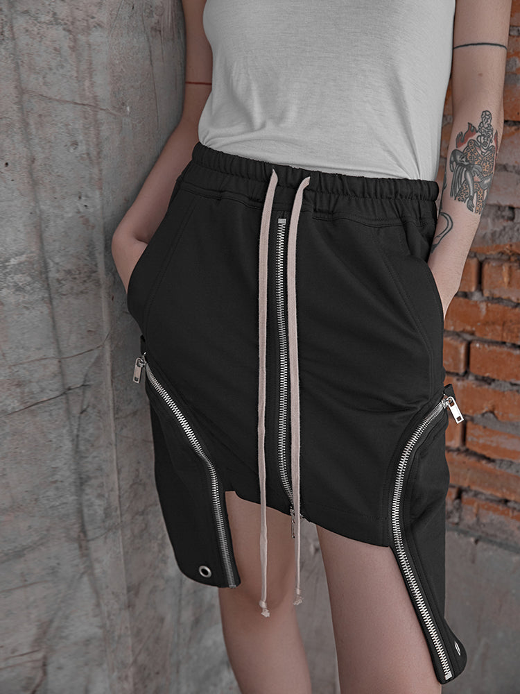 Knitted double pocket zipper short skirt