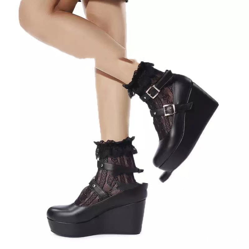 Round Toe Wedge With Solid Color Buckle Large Size Leather Shoes