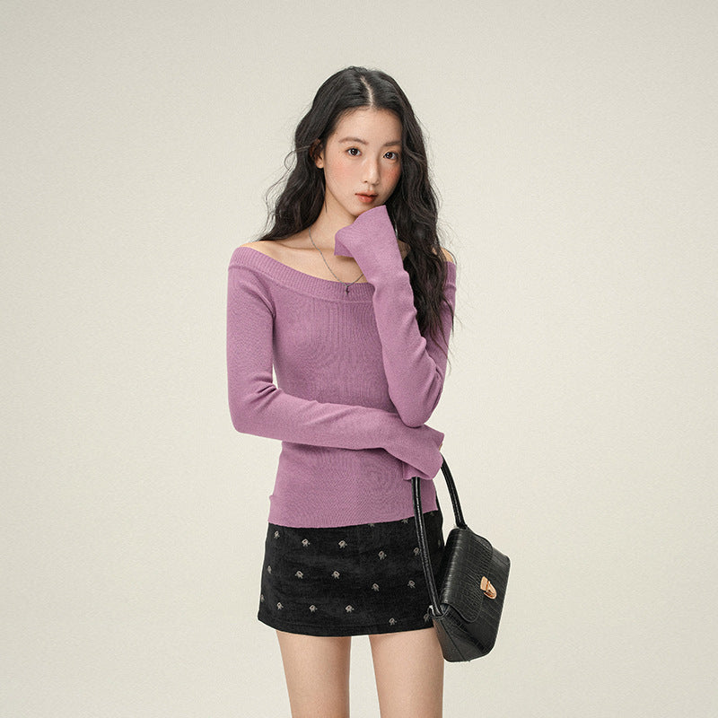 Pure Desire Oblique Angle Shoulder Soft Knit Sweater Base Shirt