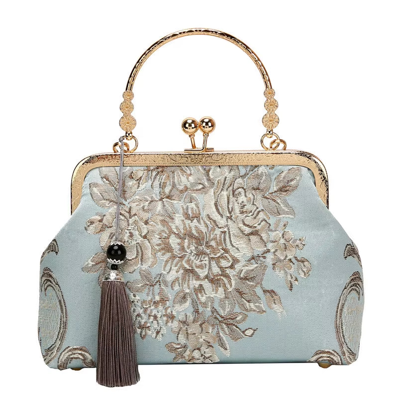 Vintage Floral Women's Crossbody Messenger Bag with Kiss Lock Closure