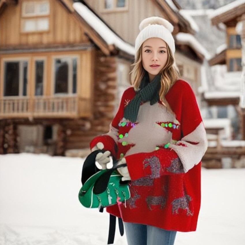Women's Loose Christmas Tree Three-dimensional Sequins Pullover Crew Neck Sweater
