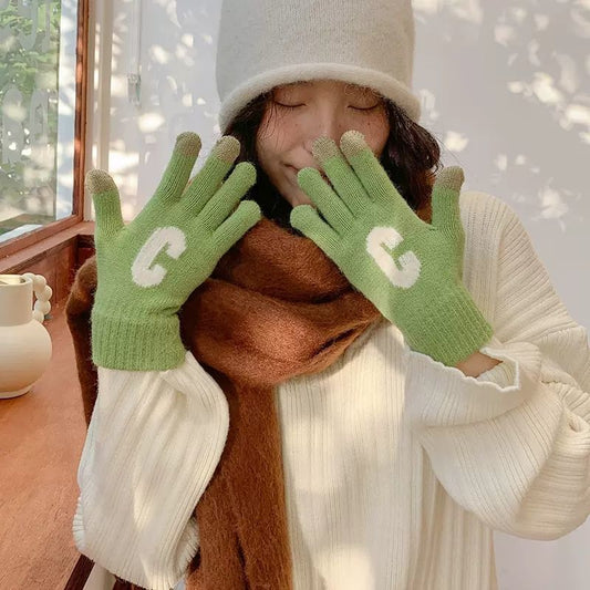 Candy Color  Letter C Thick Cute Wool Knitted Warm Gloves