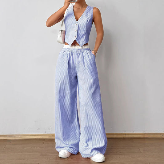 Striped Sleeveless V Neck Tank Top And Contrasting Waist Pants Two Piece Set