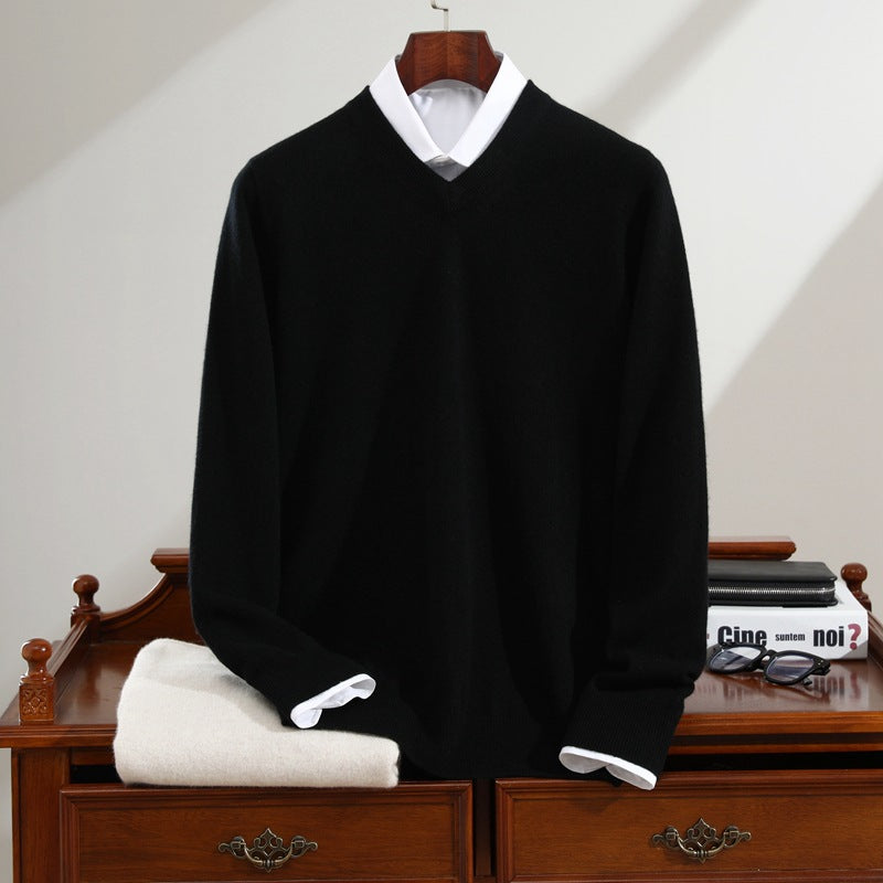 Langærmet strikket basis-sweater i ren cashmere til mænd
