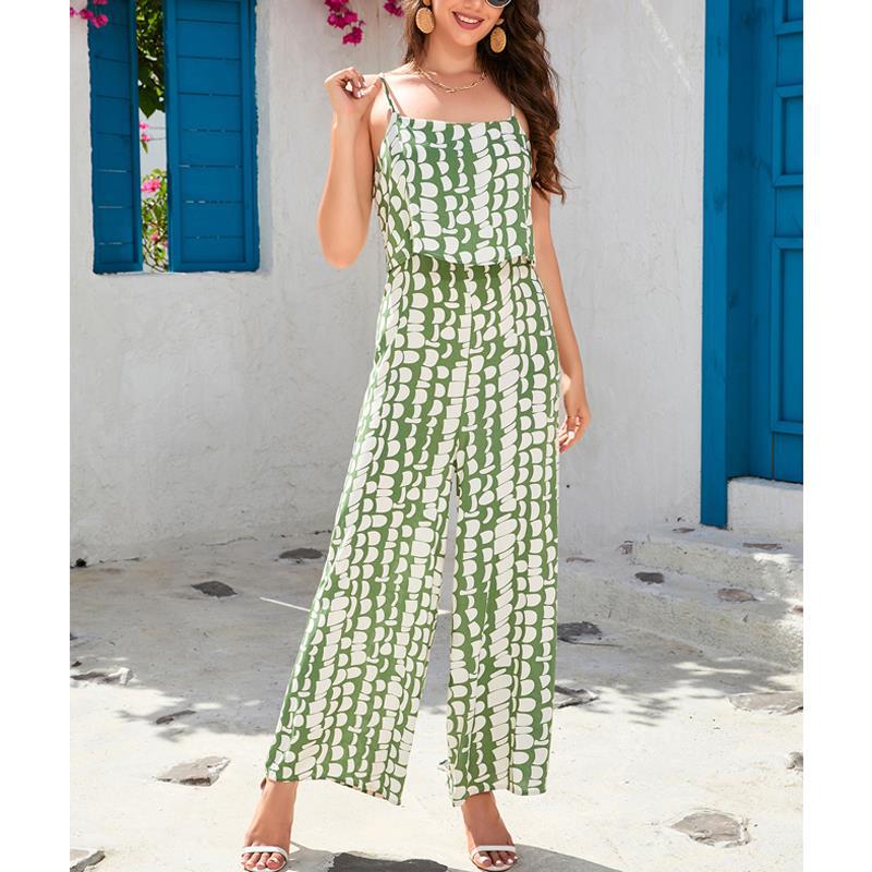 Sommer Rayon Printet Højtaljet Camisole Vide Ben Bukser Sanya Strandferie Kvinders Jumpsuit