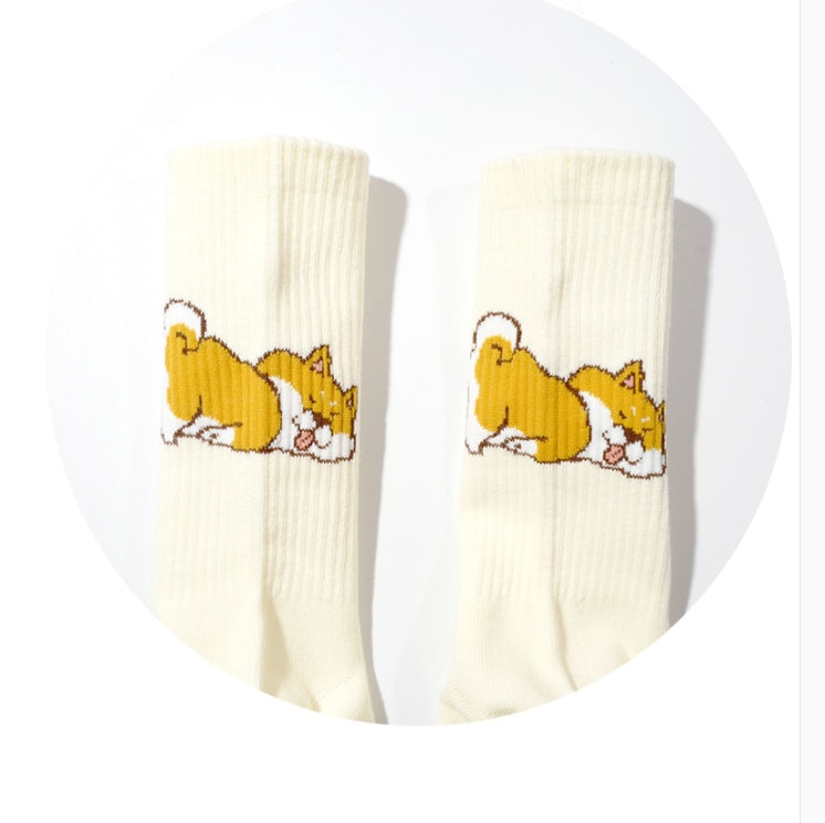 Cute Shiba Inu Beige Sports and Leisure Cotton Socks
