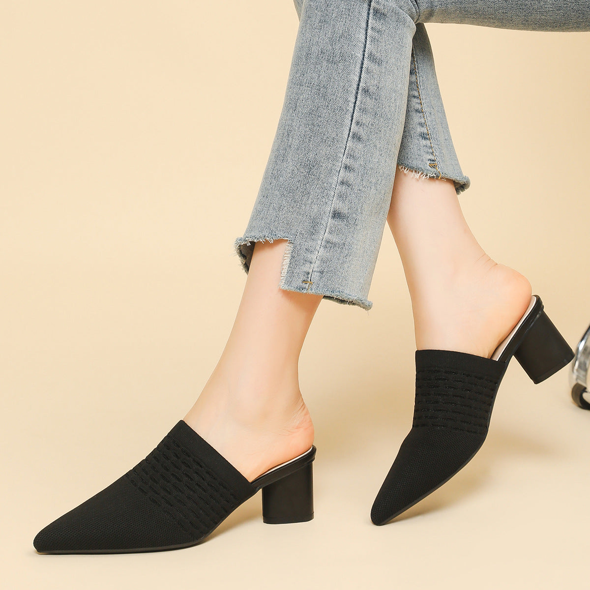Pointed Toe Toe Cap Sandals Chunky Heel High Heels